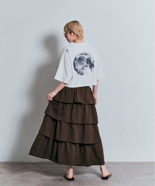 tシャツ コスモ プリント チュール付き Tシャツ レディース W：Huku tシャツ コスモ プリント チュール付き Tシャツ