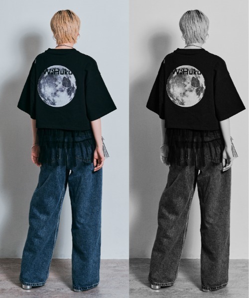 tシャツ コスモ プリント チュール付き Tシャツ レディース W：Huku tシャツ コスモ プリント チュール付き Tシャツ