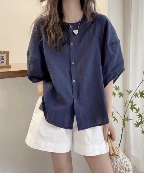 Beststore(ベストストア)の「ナチュラル 無地 トップス シャツブラウス レディース(シャツ/ブラウス・レディース・ホワイト/パープル/ネイビー・FREE)」の3枚目の写真