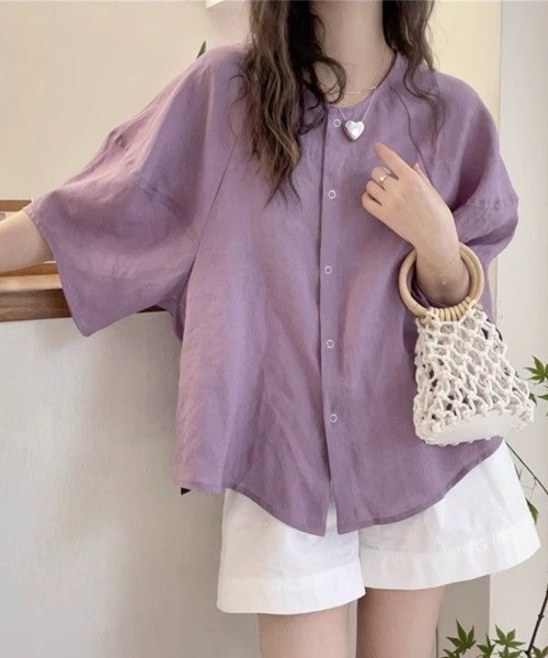 Beststore(ベストストア)の「ナチュラル 無地 トップス シャツブラウス レディース(シャツ/ブラウス・レディース・ホワイト/パープル/ネイビー・FREE)」の4枚目の写真