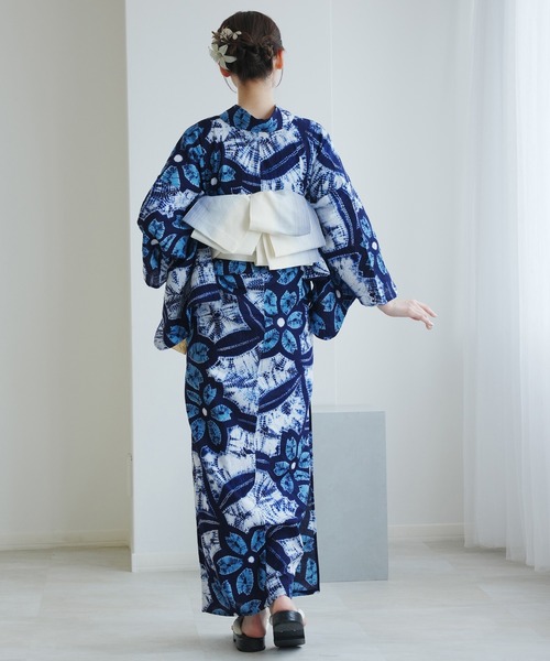 専用♡ 有松絞り　浴衣　丈157  裄64.5 utatane 浴衣 有松絞り浴衣3点セット 黒地に花露 レディース