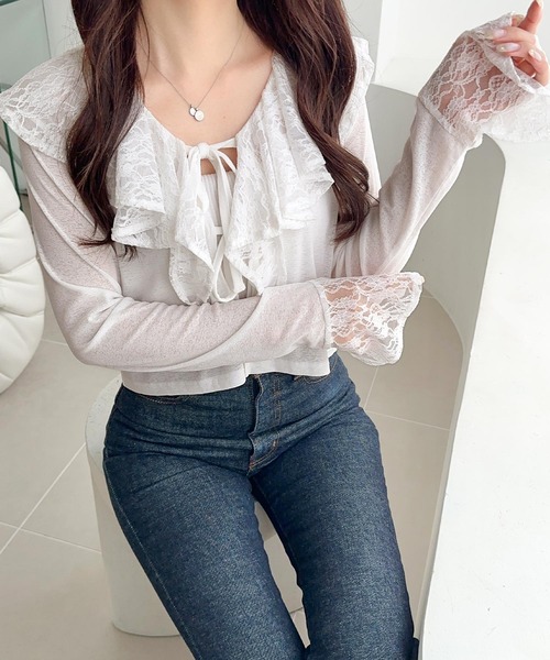 mily bilet（ミウィビレット）の「【mily bilet】揺れるフリルで大人フェミニン♪レース襟使いスラブシアーカーディガン（シャツ/ブラウス・レディース・ブルーグレー/ブラック/オフホワイト・X-LARGE/SMALL/MEDIUM/LARGE）」の12枚目の写真