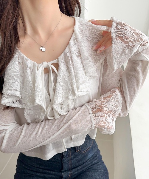 mily bilet（ミウィビレット）の「【mily bilet】揺れるフリルで大人フェミニン♪レース襟使いスラブシアーカーディガン（シャツ/ブラウス・レディース・ブルーグレー/ブラック/オフホワイト・X-LARGE/SMALL/MEDIUM/LARGE）」の13枚目の写真