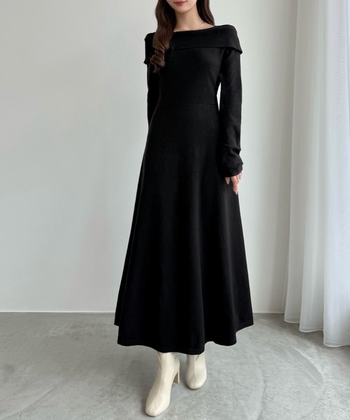 オフショル風スクエアネックロングニットワンピ（ワンピース