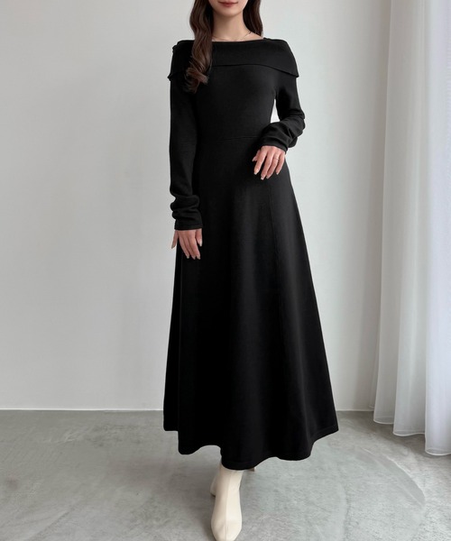 近年♡美品♡ルネ 白襟 ビジュー ニットワンピース ロング ブラック 36 近年♡美品♡ルネ 白襟 ビジュー ニットワンピース ロング ブラック 36