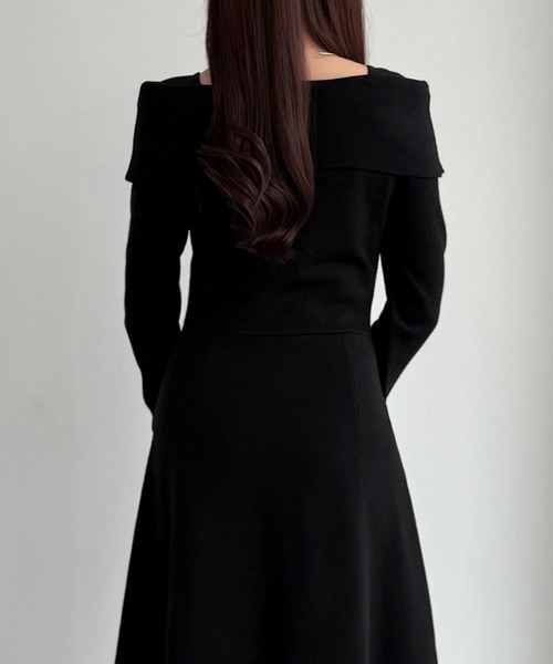 オフショル風スクエアネックロングニットワンピ（ワンピース）｜CENEA