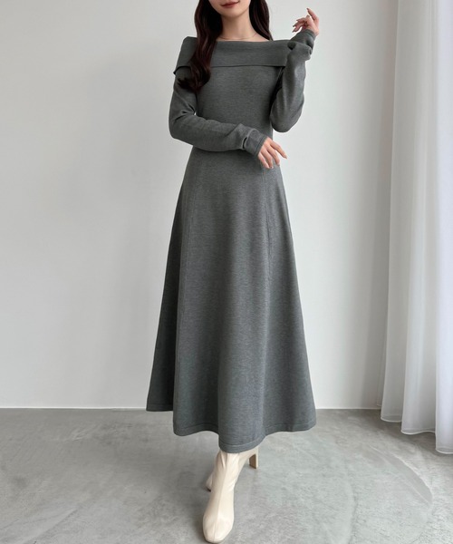 オフショル風スクエアネックロングニットワンピ（ワンピース）｜CENEA