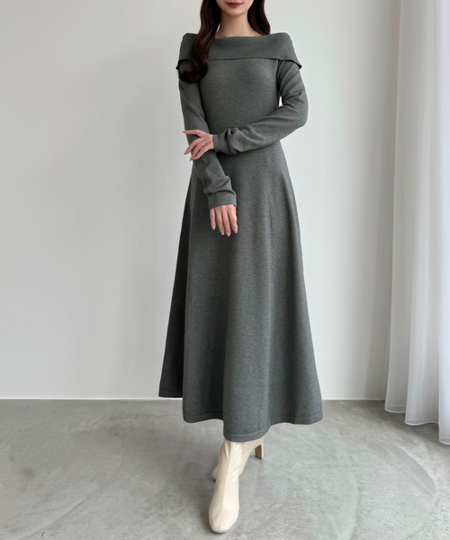 オブリ　シネマワンピース セール】オフショル風スクエアネックロングニットワンピ（ワンピース