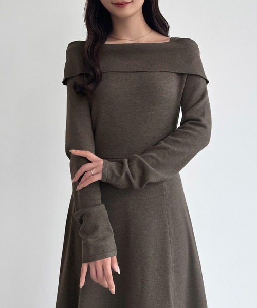 セール】オフショル風スクエアネックロングニットワンピ（ワンピース