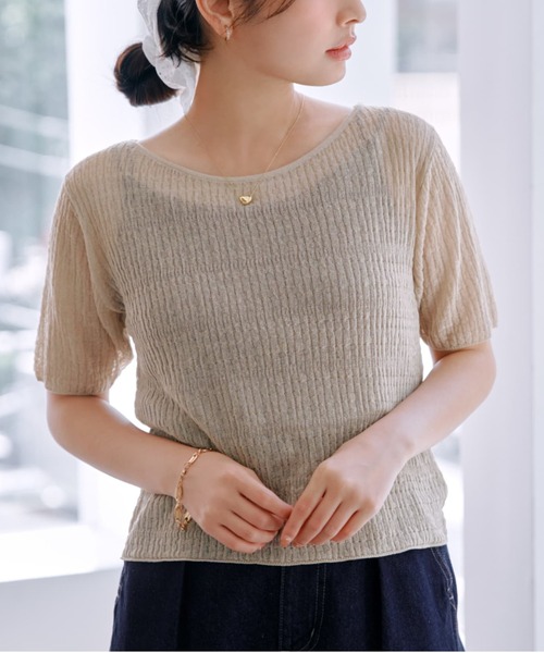 COHINA（コヒナ）の「シアーリップルニットトップス 【低身長・小柄女性】（ニット/セーター・レディース・ホワイト/グリーン/ベージュ/ネイビー・ONE SIZE）」の2枚目の写真