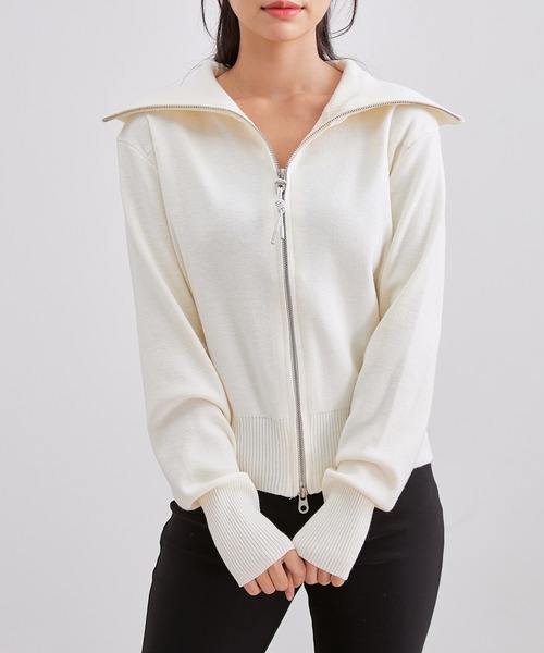 Lace Ladies(レースレディース)の「ビッグカラー ステッチ ダブルジップ ニット トップス(カーディガン/ボレロ・レディース・ブラック/アイボリー/ダークグレー・FREE)」の2枚目の写真