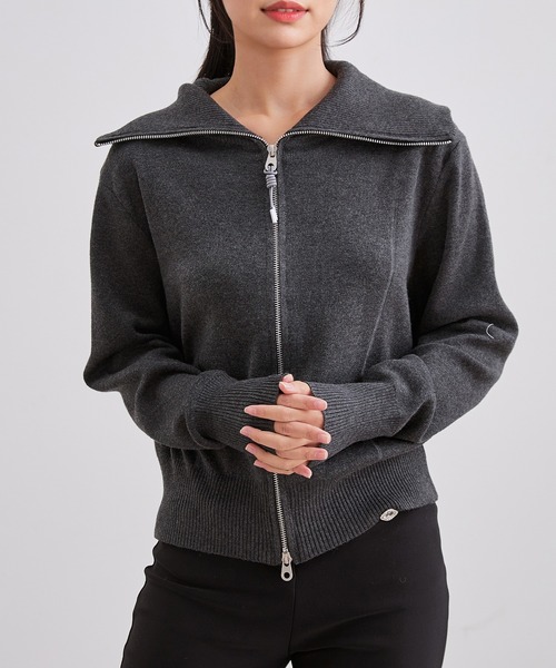Lace Ladies(レースレディース)の「ビッグカラー ステッチ ダブルジップ ニット トップス(カーディガン/ボレロ・レディース・ブラック/アイボリー/ダークグレー・FREE)」の3枚目の写真