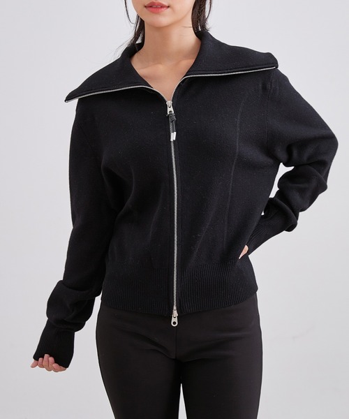 Lace Ladies(レースレディース)の「ビッグカラー ステッチ ダブルジップ ニット トップス(カーディガン/ボレロ・レディース・ブラック/アイボリー/ダークグレー・FREE)」の1枚目の写真