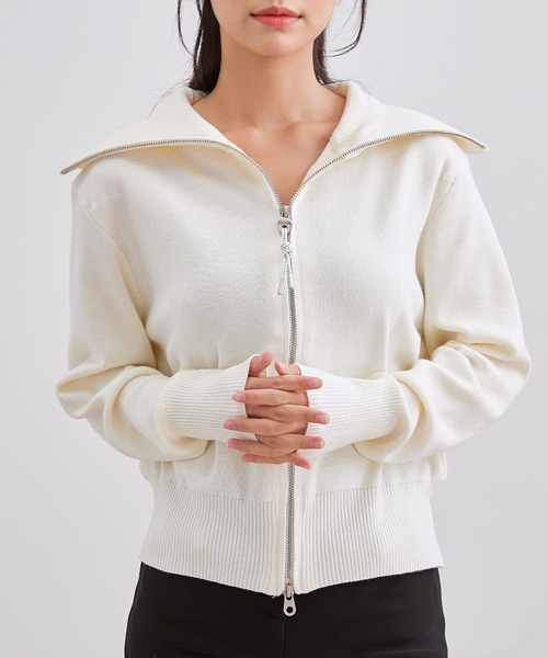 Lace Ladies(レースレディース)の「ビッグカラー ステッチ ダブルジップ ニット トップス(カーディガン/ボレロ・レディース・ブラック/アイボリー/ダークグレー・FREE)」の5枚目の写真