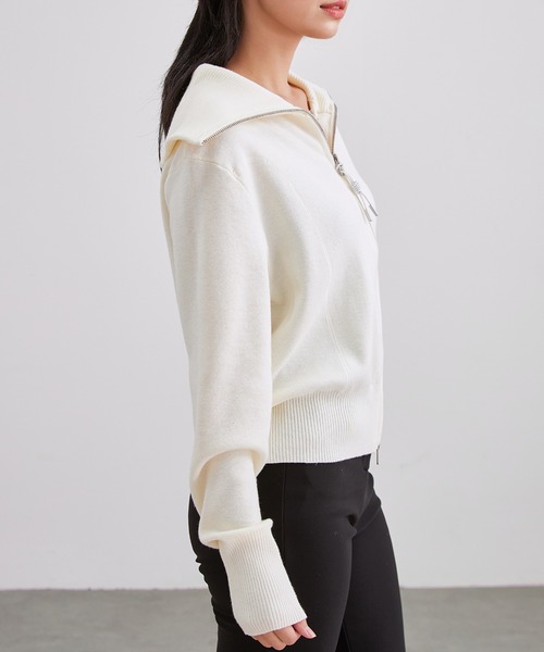 Lace Ladies(レースレディース)の「ビッグカラー ステッチ ダブルジップ ニット トップス(カーディガン/ボレロ・レディース・ブラック/アイボリー/ダークグレー・FREE)」の8枚目の写真