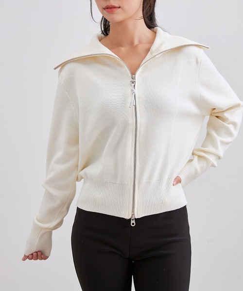 Lace Ladies(レースレディース)の「ビッグカラー ステッチ ダブルジップ ニット トップス(カーディガン/ボレロ・レディース・ブラック/アイボリー/ダークグレー・FREE)」の9枚目の写真