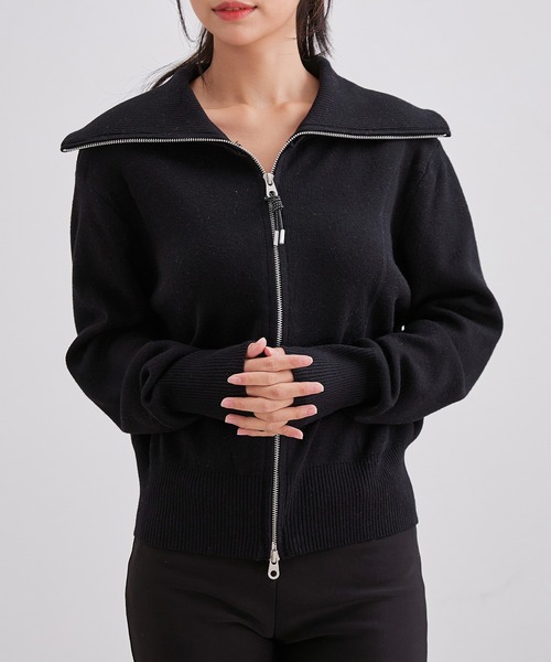 Lace Ladies(レースレディース)の「ビッグカラー ステッチ ダブルジップ ニット トップス(カーディガン/ボレロ・レディース・ブラック/アイボリー/ダークグレー・FREE)」の11枚目の写真