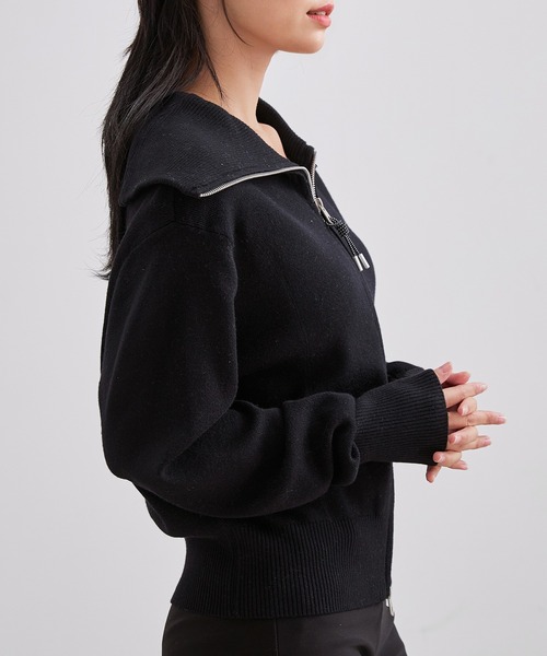 Lace Ladies(レースレディース)の「ビッグカラー ステッチ ダブルジップ ニット トップス(カーディガン/ボレロ・レディース・ブラック/アイボリー/ダークグレー・FREE)」の12枚目の写真