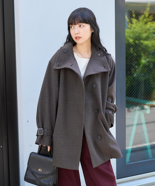 FREAK'S STORE(フリークスストア)の「ウーリー ハイネック テントラインミドルコート(ステンカラーコート・レディース・ブラック/ブラウン/キャメル/ネイビー・フリ-)」の5枚目の写真