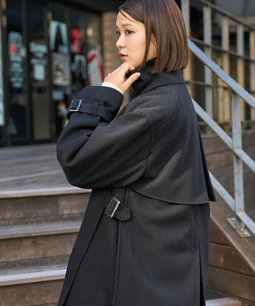 FREAK'S STORE(フリークスストア)の「ウーリー ハイネック テントラインミドルコート(ステンカラーコート・レディース・ブラック/ブラウン/キャメル/ネイビー・フリ-)」の22枚目の写真