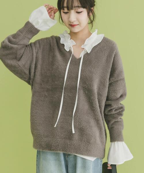 ITEMS URBANRESEARCH（アイテムズ アーバンリサーチ）の「ミニシャギーVネックニット（ニット/セーター・レディース・チャコールグレー/アイボリー/グリーン・FREE）」の4枚目の写真