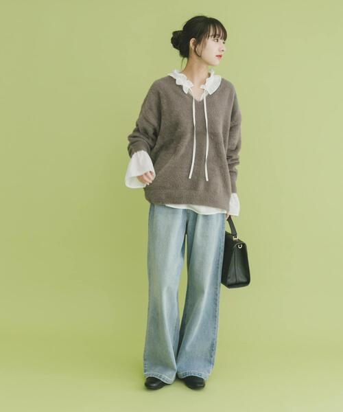 ITEMS URBANRESEARCH（アイテムズ アーバンリサーチ）の「ミニシャギーVネックニット（ニット/セーター・レディース・チャコールグレー/アイボリー/グリーン・FREE）」の7枚目の写真
