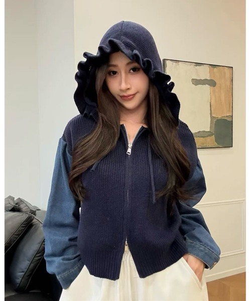 セール】【秋冬新作】デニム袖切替えニットパーカー（ニット/セーター