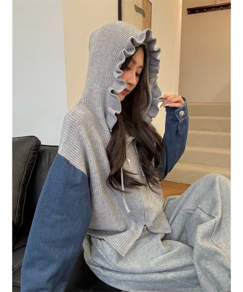 セール】【秋冬新作】デニム袖切替えニットパーカー（ニット/セーター