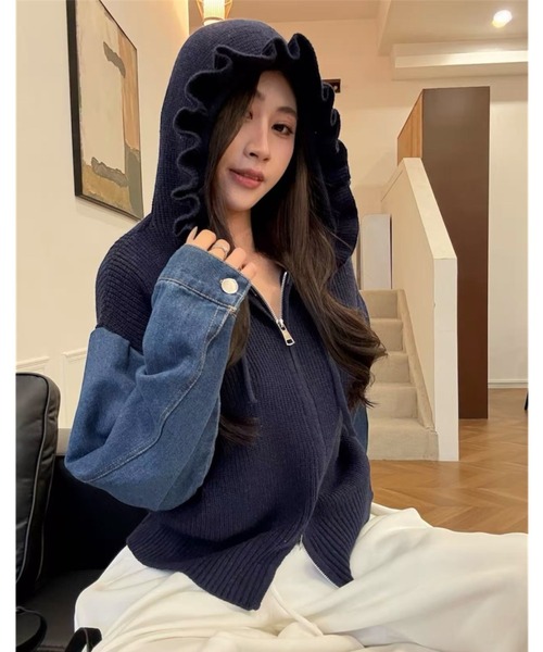 セール】【秋冬新作】デニム袖切替えニットパーカー（ニット/セーター