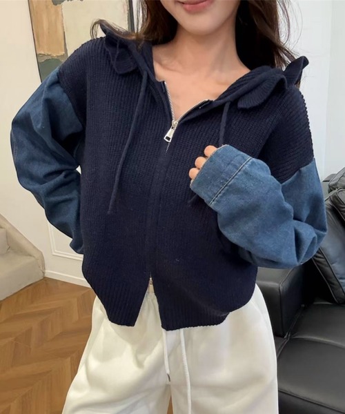 セール】【秋冬新作】デニム袖切替えニットパーカー（ニット/セーター