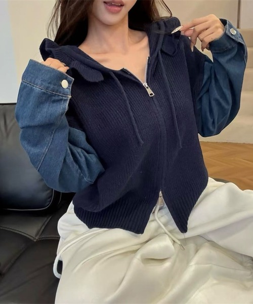 LADY LIKE(レディライク)の「デニム袖切替えニットパーカー(ニット/セーター・レディース・グレー/ベージュ/ネイビー・M)」の11枚目の写真