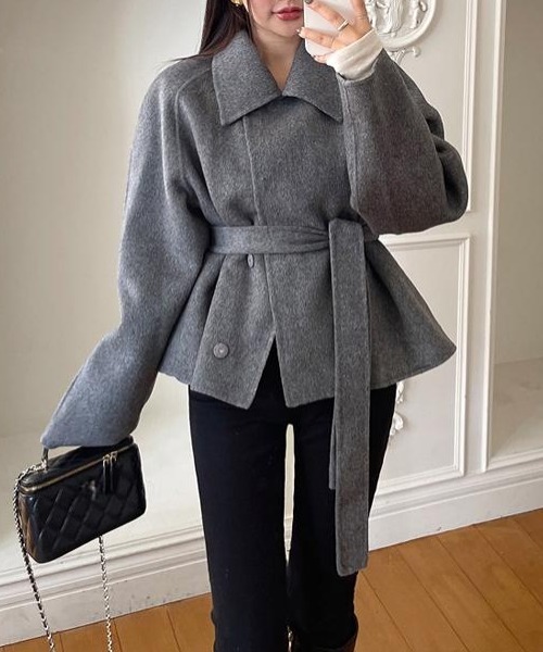 セール】襟付きショートコートベルト付き（チェスターコート）｜Aelina