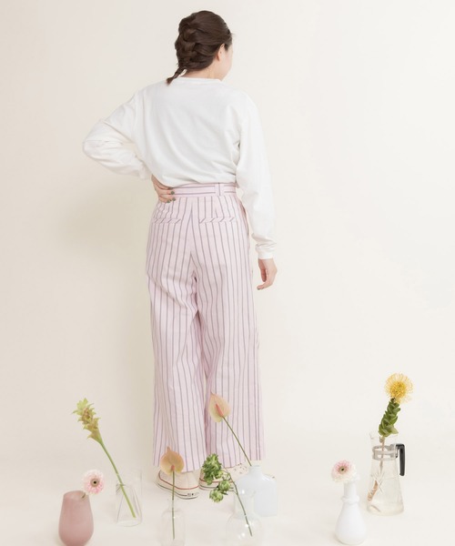 CHILD WOMAN(チャイルドウーマン)の「40/-オックスマルチストライプ センタープレスストレートパンツ(セットアップ対応)(その他パンツ・レディース・ピンク・36/38)」の6枚目の写真