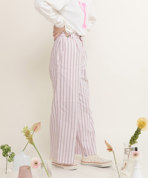 CHILD WOMAN(チャイルドウーマン)の「40/-オックスマルチストライプ センタープレスストレートパンツ(セットアップ対応)(その他パンツ・レディース・ピンク・36/38)」の2枚目の写真
