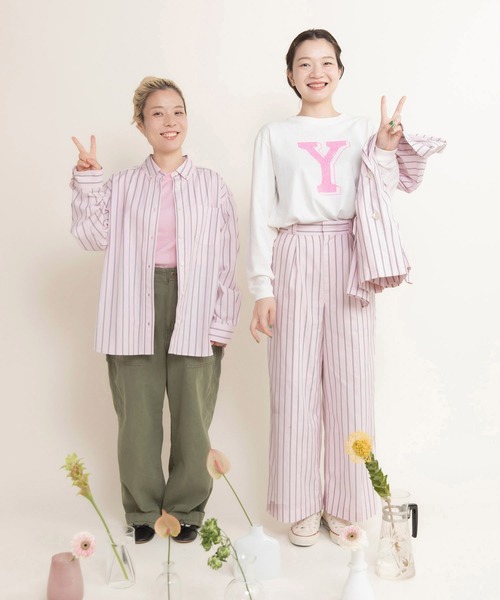 CHILD WOMAN(チャイルドウーマン)の「40/-オックスマルチストライプ センタープレスストレートパンツ(セットアップ対応)(その他パンツ・レディース・ピンク・36/38)」の8枚目の写真