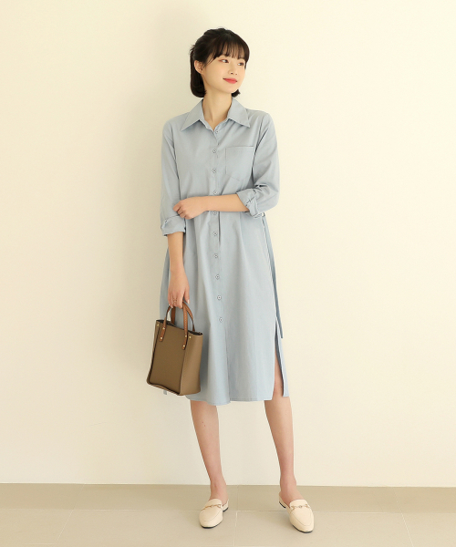 BBAEBBAE(ペッペ)の「ストリングセットベーシックロングワンピース型シャツ南方(シャツ/ブラウス・レディース・ホワイト/スカイブルー・FREE)」の6枚目の写真