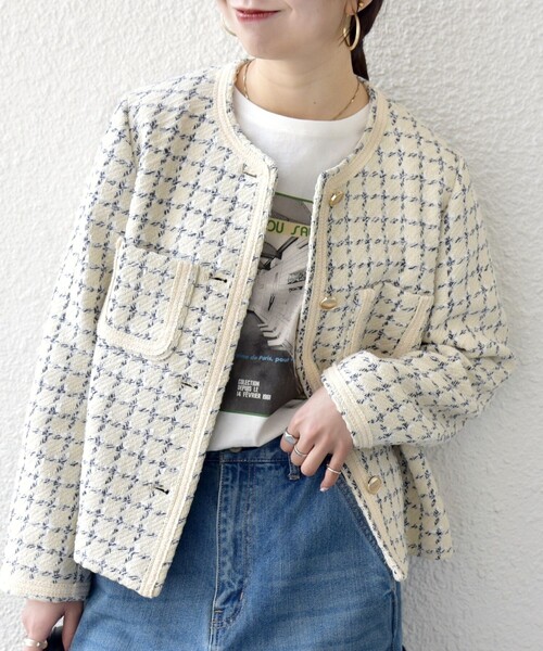 SHIPS any: ツイード パイピング ノーカラー ジャケット（ノーカラー