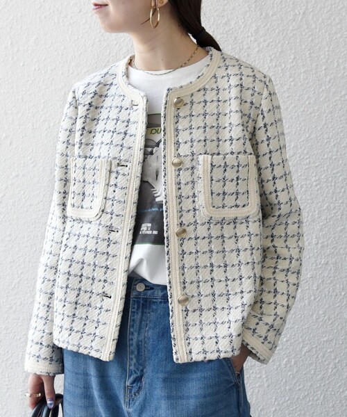 SHIPS any(シップス エニィ)の「SHIPS any: ツイード パイピング ノーカラー ジャケット(ノーカラージャケット・レディース・グリーン/ベージュ・ONE SIZE)」の5枚目の写真