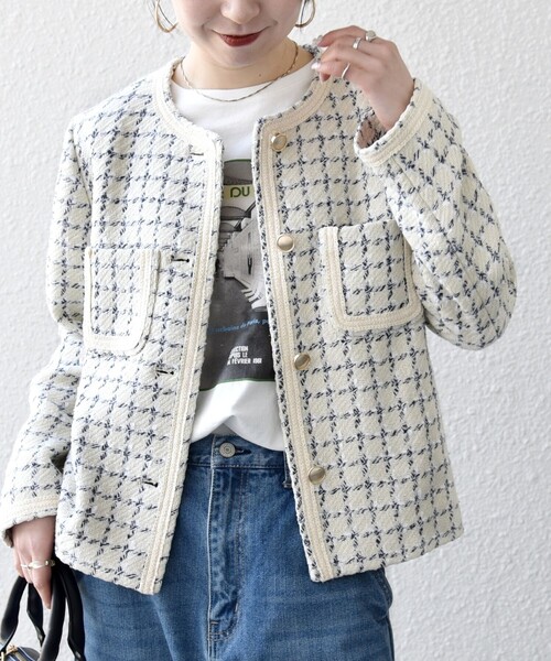 SHIPS any(シップス エニィ)の「SHIPS any: ツイード パイピング ノーカラー ジャケット(ノーカラージャケット・レディース・グリーン/ベージュ・ONE SIZE)」の6枚目の写真