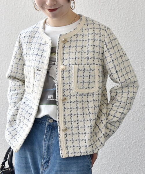 SHIPS any(シップス エニィ)の「SHIPS any: ツイード パイピング ノーカラー ジャケット(ノーカラージャケット・レディース・グリーン/ベージュ・ONE SIZE)」の11枚目の写真