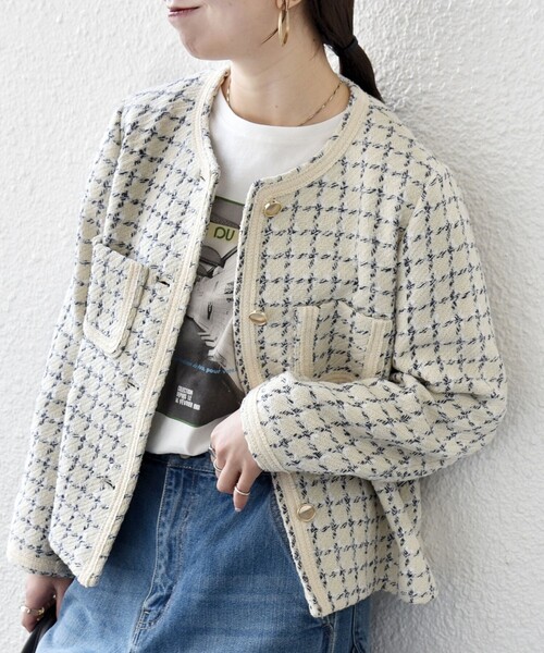 SHIPS any(シップス エニィ)の「SHIPS any: ツイード パイピング ノーカラー ジャケット(ノーカラージャケット・レディース・グリーン/ベージュ・ONE SIZE)」の12枚目の写真