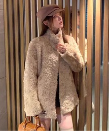 冬用スタンドカラーコート 厚手フリース素材 ミディ丈コート