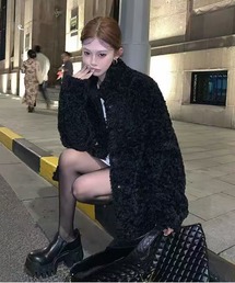 冬用スタンドカラーコート 厚手フリース素材 ミディ丈コート
