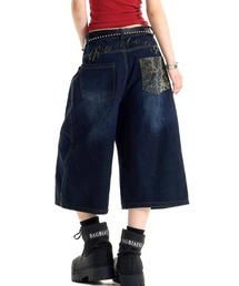 バックレオパード柄ロゴワイドデニムハーフパンツ