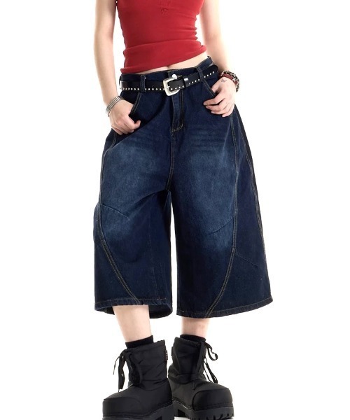 SHEENA(シーナ)の「バックレオパード柄ロゴワイドデニムハーフパンツ(デニムパンツ・レディース・ダークブルー・S/M/L)」の8枚目の写真