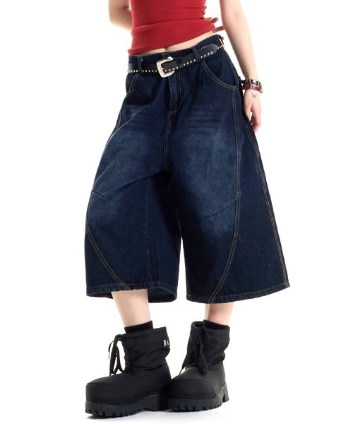 SHEENA(シーナ)の「バックレオパード柄ロゴワイドデニムハーフパンツ(デニムパンツ・レディース・ダークブルー・S/M/L)」の9枚目の写真