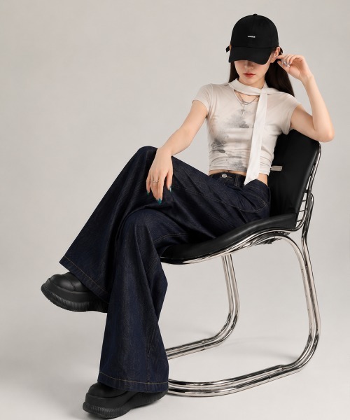 Miniministore（ミニミニストア）の「【26AW新カラー追加】ワイドデニムパンツ ハイウエストジーンズ（デニムパンツ・レディース・ネイビー/ブラック・S/L/M/XL）」の8枚目の写真