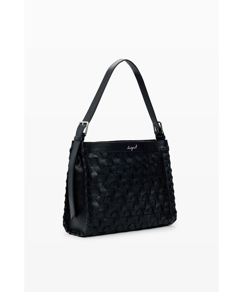 Desigual（デシグアル）の「ブラック編み込みエフェクトレザーミディアムトートバッグ【カードホルダーチャーム付き】（ショルダーバッグ・レディース・ブラック・FREE）」の5枚目の写真