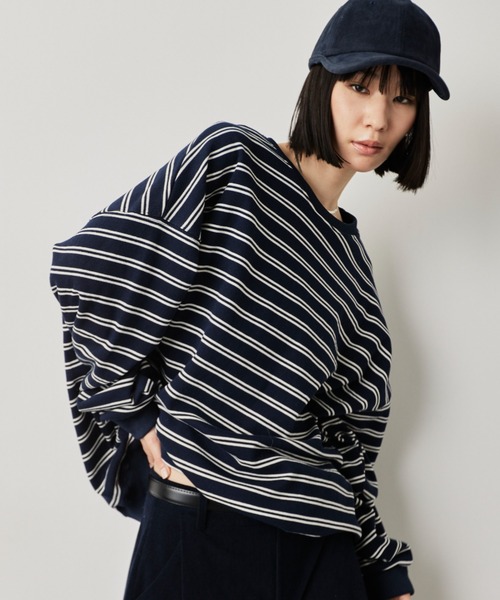 HANNE（アン）の「オーバーサイズボーダーロンTEE（Tシャツ/カットソー・レディース・ネイビー/ホワイト・FREE）」の2枚目の写真