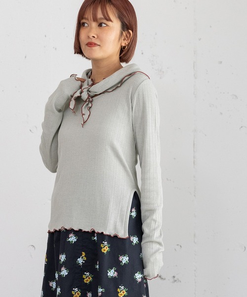 POU DOU DOU（プードゥドゥ）の「スクエアネックスカーフ付きトップス（Tシャツ/カットソー・レディース・グレー/オフホワイト・3）」の13枚目の写真